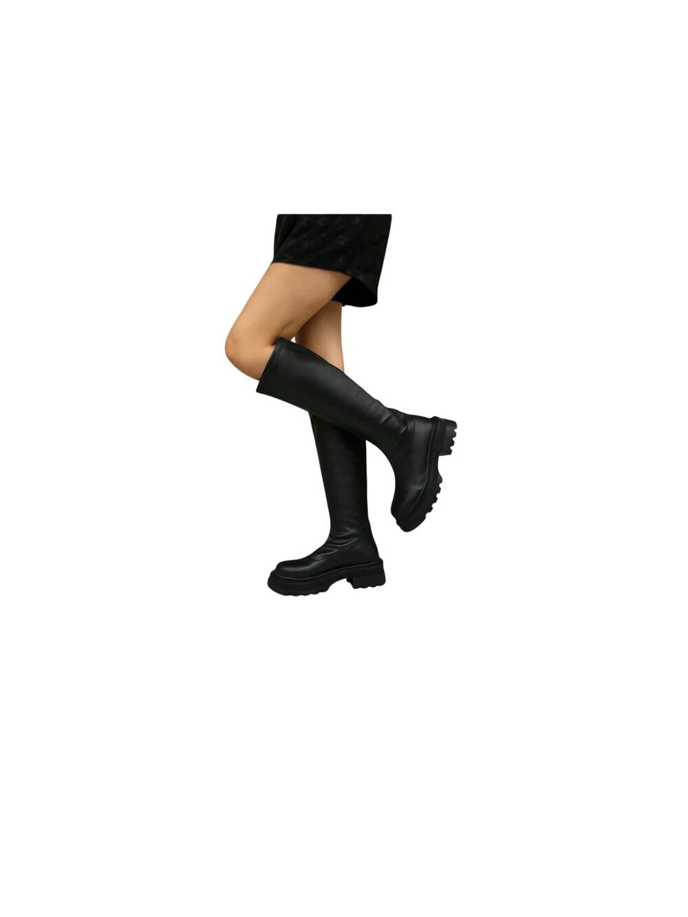 Black Chunky Platform Knee High Zip Up Boots NEW